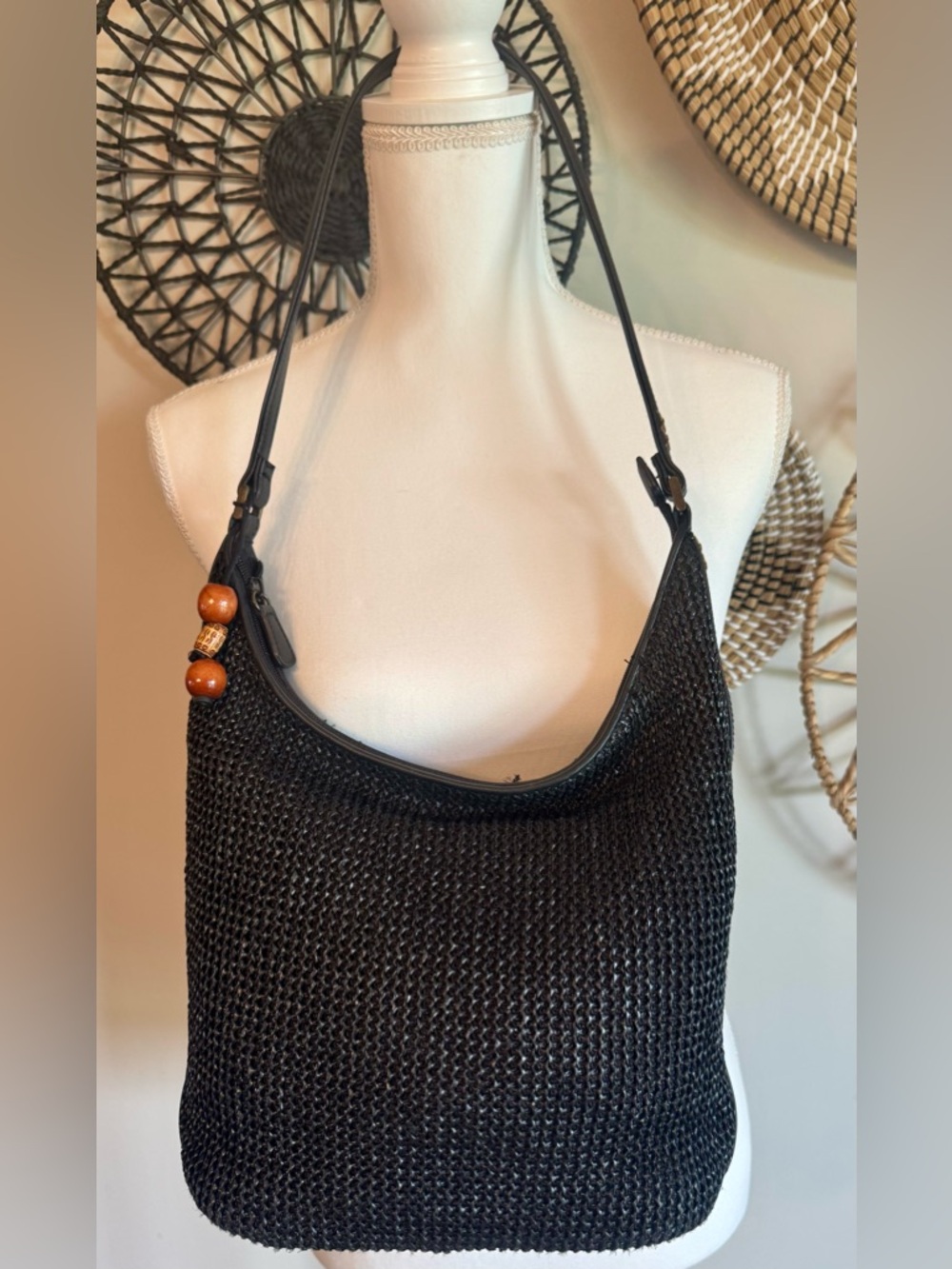 Black Woven Shoulder Bag with Wood Bead Detail